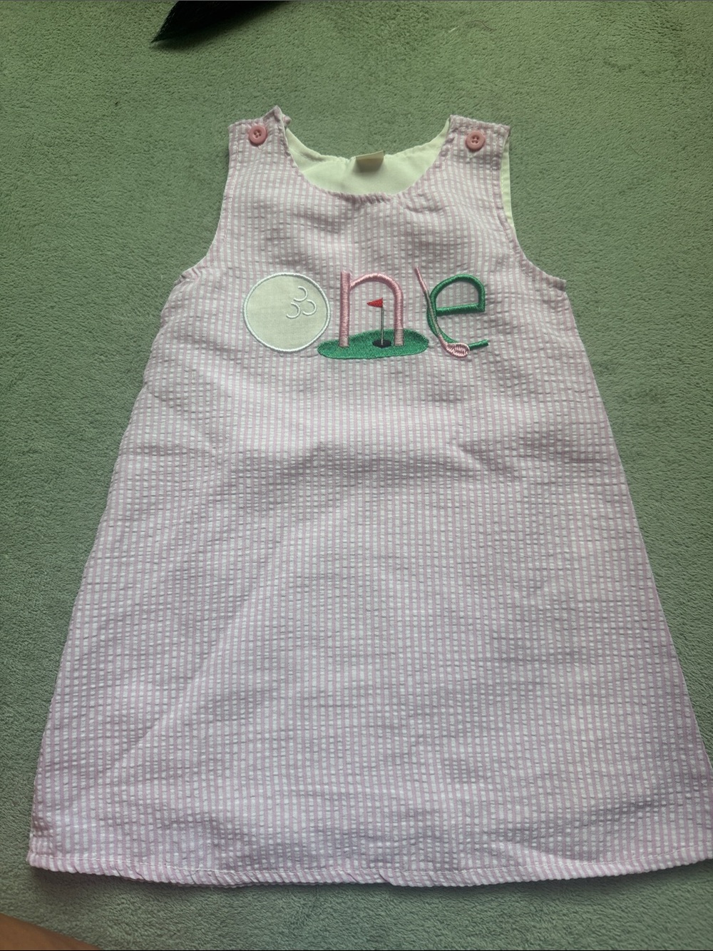 Pink Seersucker Baby Dress with 'One' Golf Appliqué